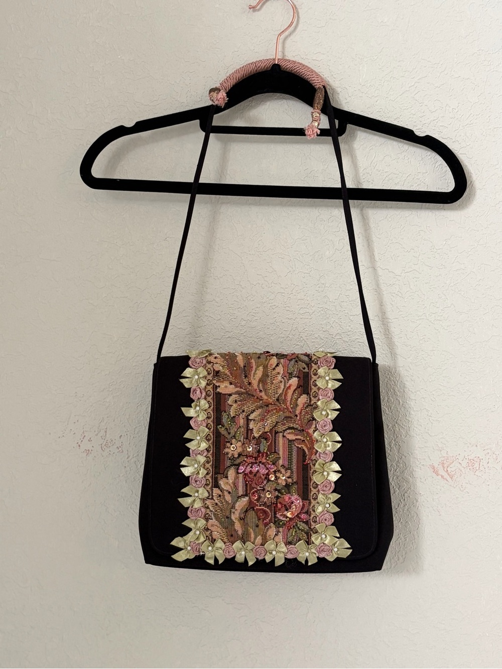 Embellished Black Crossbody Bag with Floral Beaded Panel